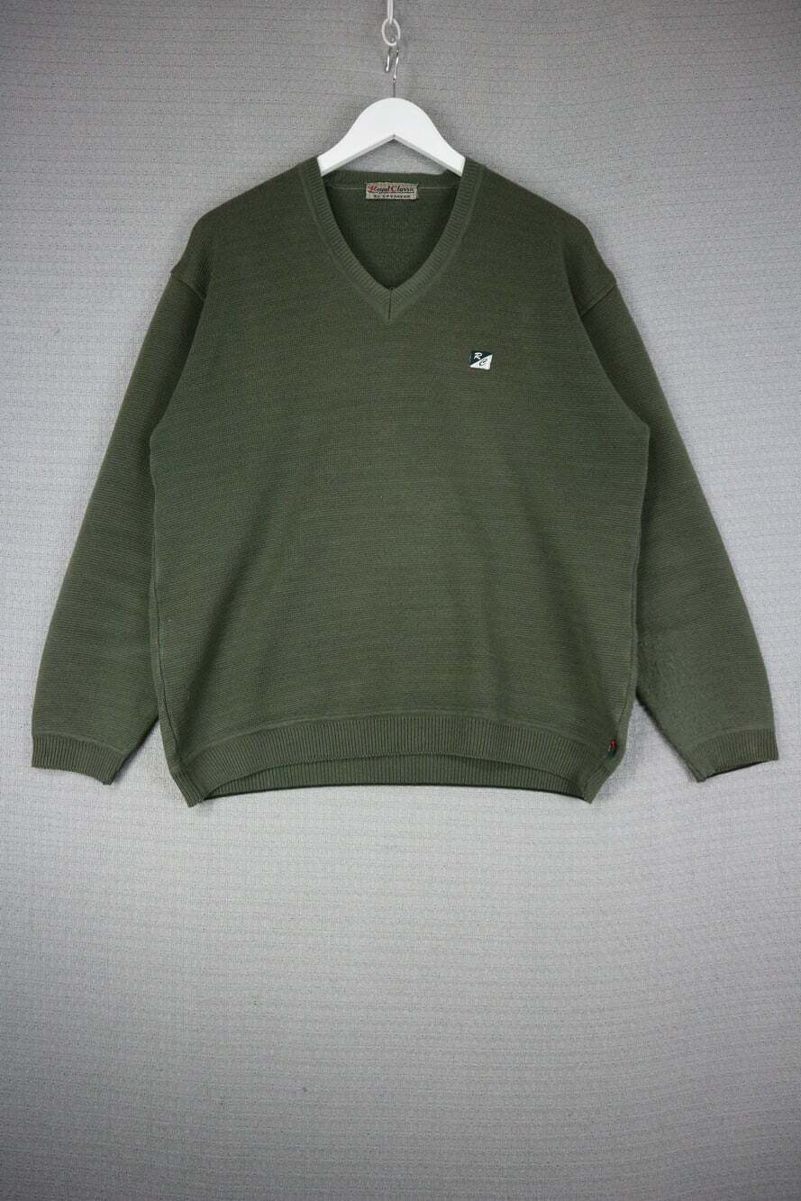 90's Royal Classic V-Neck Olive Green Sweater Men's Size 42 Long Sleeve Knit Pul